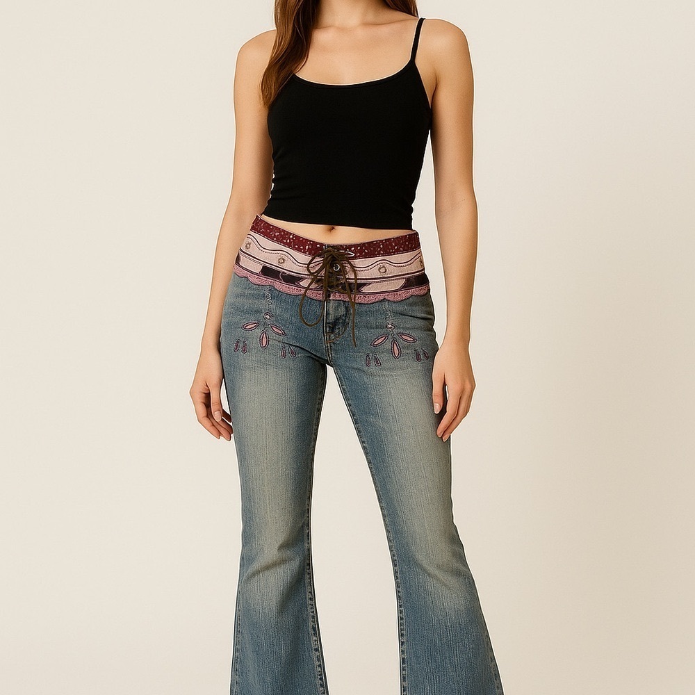 Vintage Dollhouse Y2K Low Rise Flare Paris Beaded Baddie Bratz Lace Up Jean